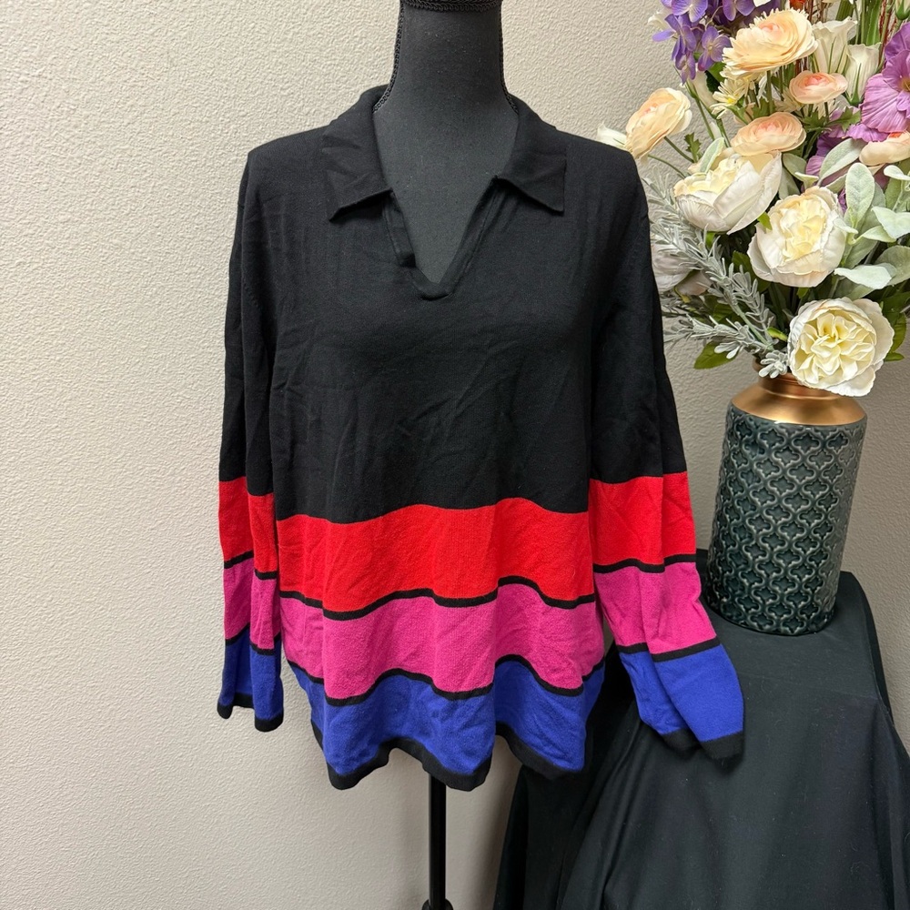 Josephine Chaus Colorblock Collared Knit Top | Black Red Pink Blue Pullover 1